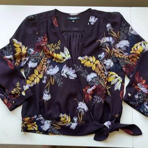 Madewell Floral Wrap Top - Dark Plum, Yellow, White